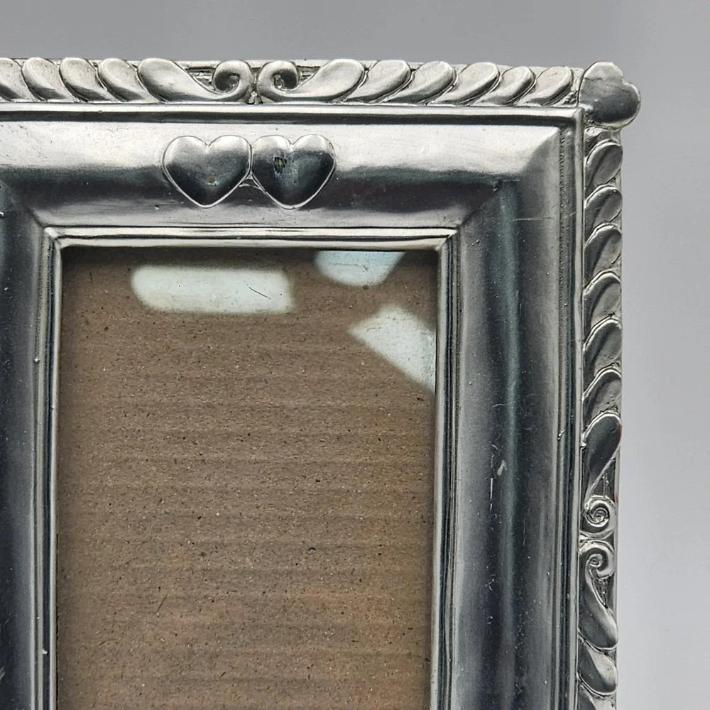 Vintage 1980s Pewter Double Heart Picture Frame Rope Twist Scroll Accent Border